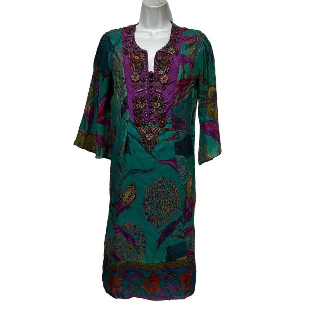 boho beaded long sleeve v-neck 100% Silk lined dress